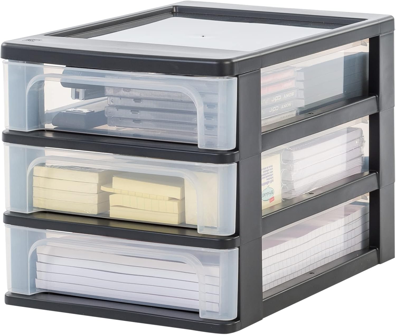 Iris Ohyama, OCH-2030 Tour de rangement en plastique avec 3 petits tiroirs, noir, ouverture facile, format A4, meubles, organisateur, pour bureau, fournitures scolaires, papeterie, sans BPA, OCH-2030 – Image 2