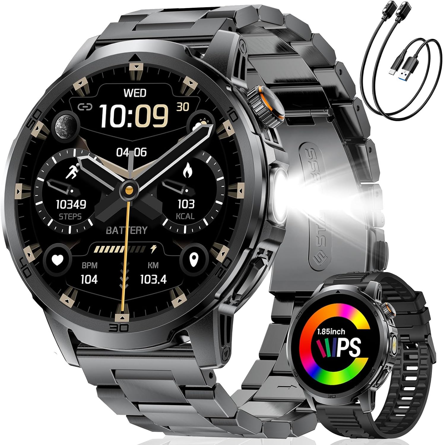 Montre Connectée Homme avec 1000mAh, LED Torche, 1,85" Grand Écran Smartwatch avec Appel Bluetooth, 100+ Sportmodi, IP68 étanche, Fréquence Cardiaque, Moniteur de Sommeil pour iOS Android – Image 2