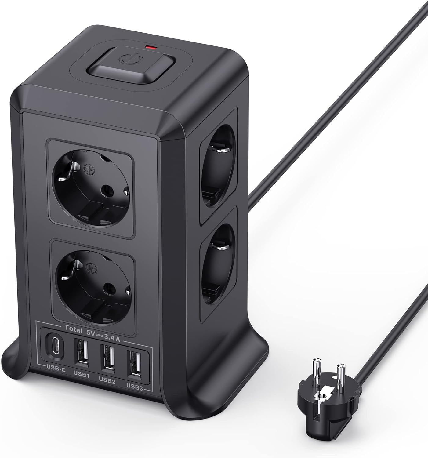 Multiprise avec interrupteur, 8 prises et 4 USB (3 USB-A et 1 USB-C Max 5 V/3,4 A, parasurtenseur et surtension, câble de 5 m pour la maison et le bureau – Image 2