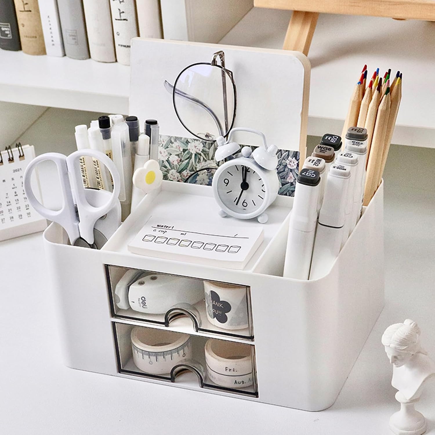 Organiseur de bureau, organiseur de bureau en plastique, organisateur de papeterie multifonctionnel, organiseur de bureau avec 5 compartiments et 2 tiroirs, pour bureau, école (blanc) – Image 2