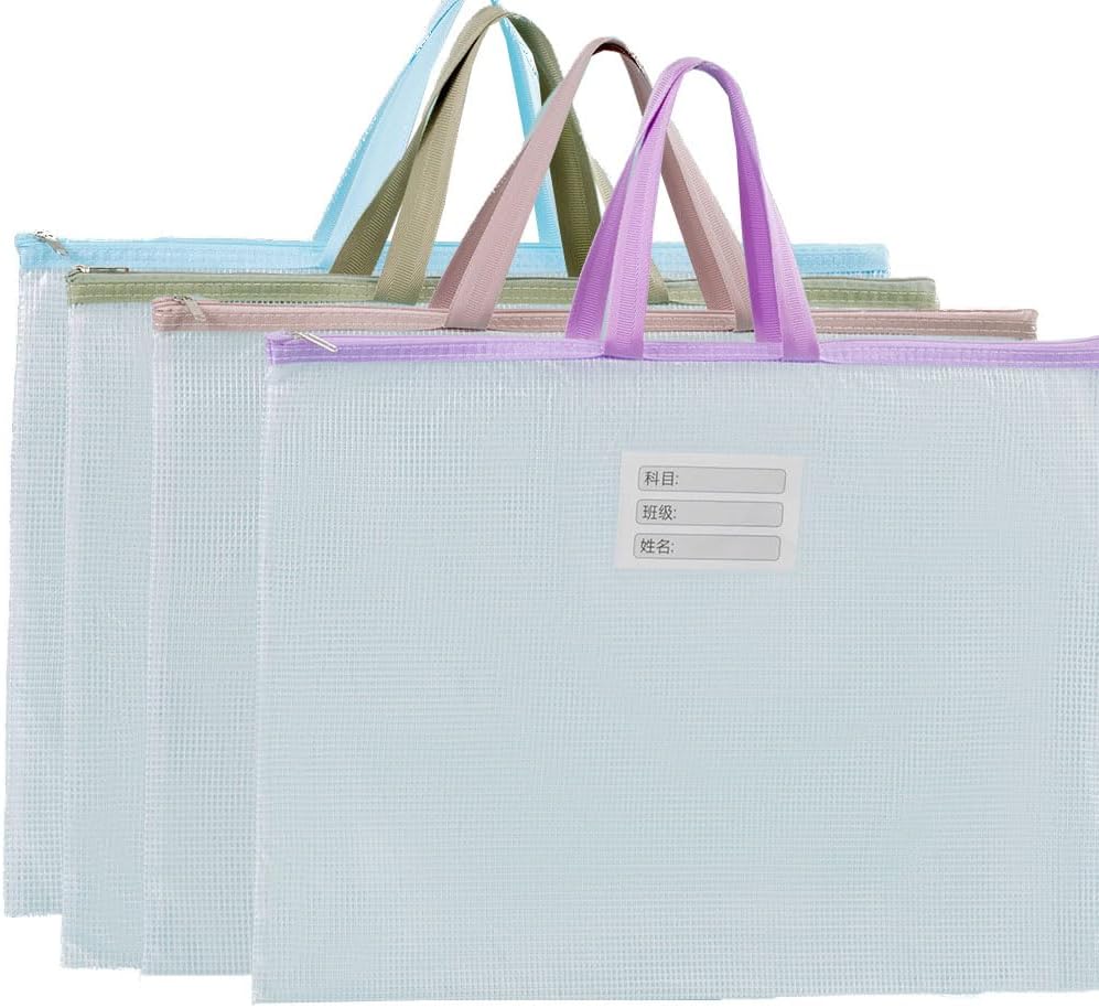 Paquet de 4 dossiers de documents à fermeture éclair en plastique A2, pochettes de rangement en maille pour fournitures scolaires et de bureau et accessoires de voyage – Image 2
