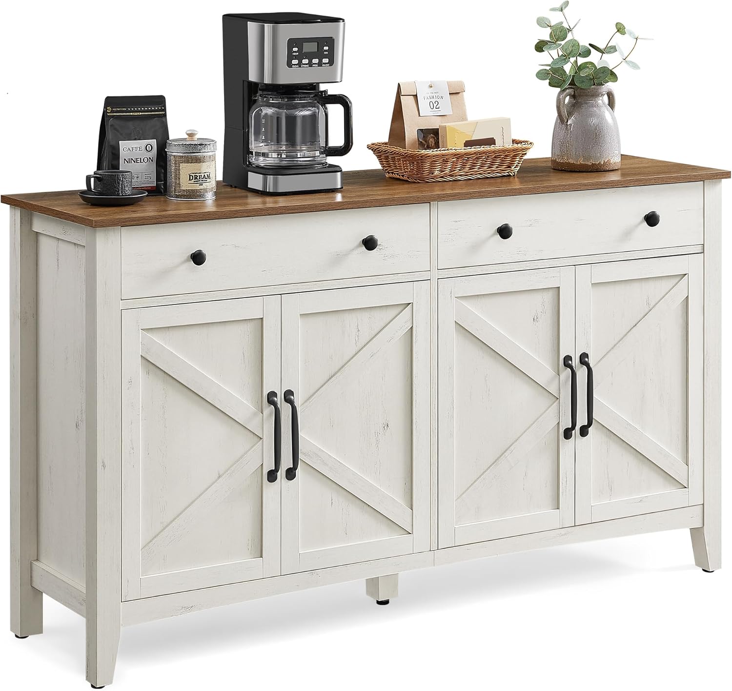 VASAGLE BBK381W02 Buffet, meuble de rangement avec tiroir, meuble de cuisine avec portes, étagère réglable, style campagnard, pour salon, 40 x 140 x 80 cm, blanc rustique et marron miel – Image 2