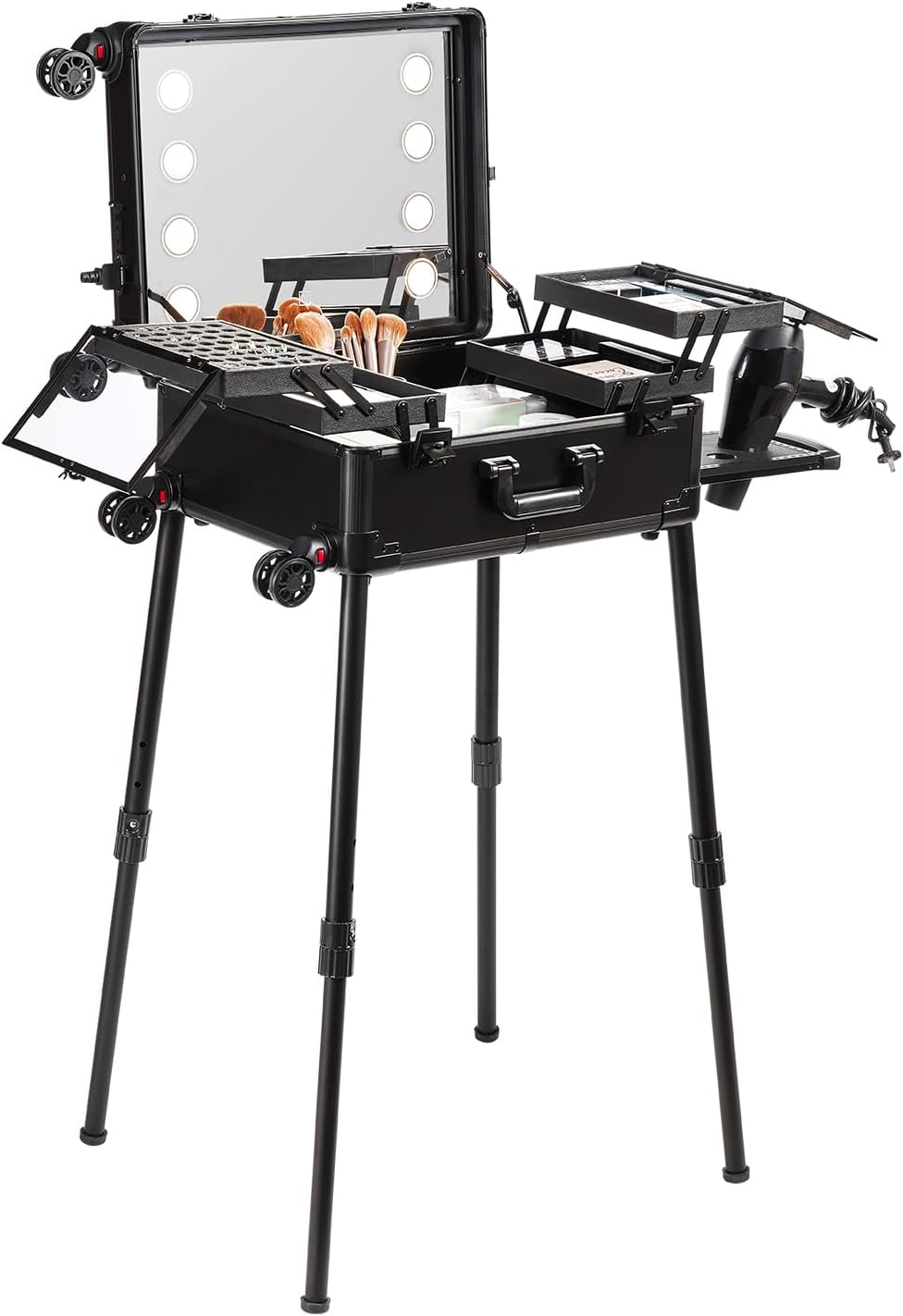 VEVOR Trousse de maquillage avec serrure, miroir, 4 plateaux de rangement, porte-pinceaux, boîte de rangement cosmétique avec roues pivotantes à 360° sur support pour studio d'artiste professionnel – Image 2