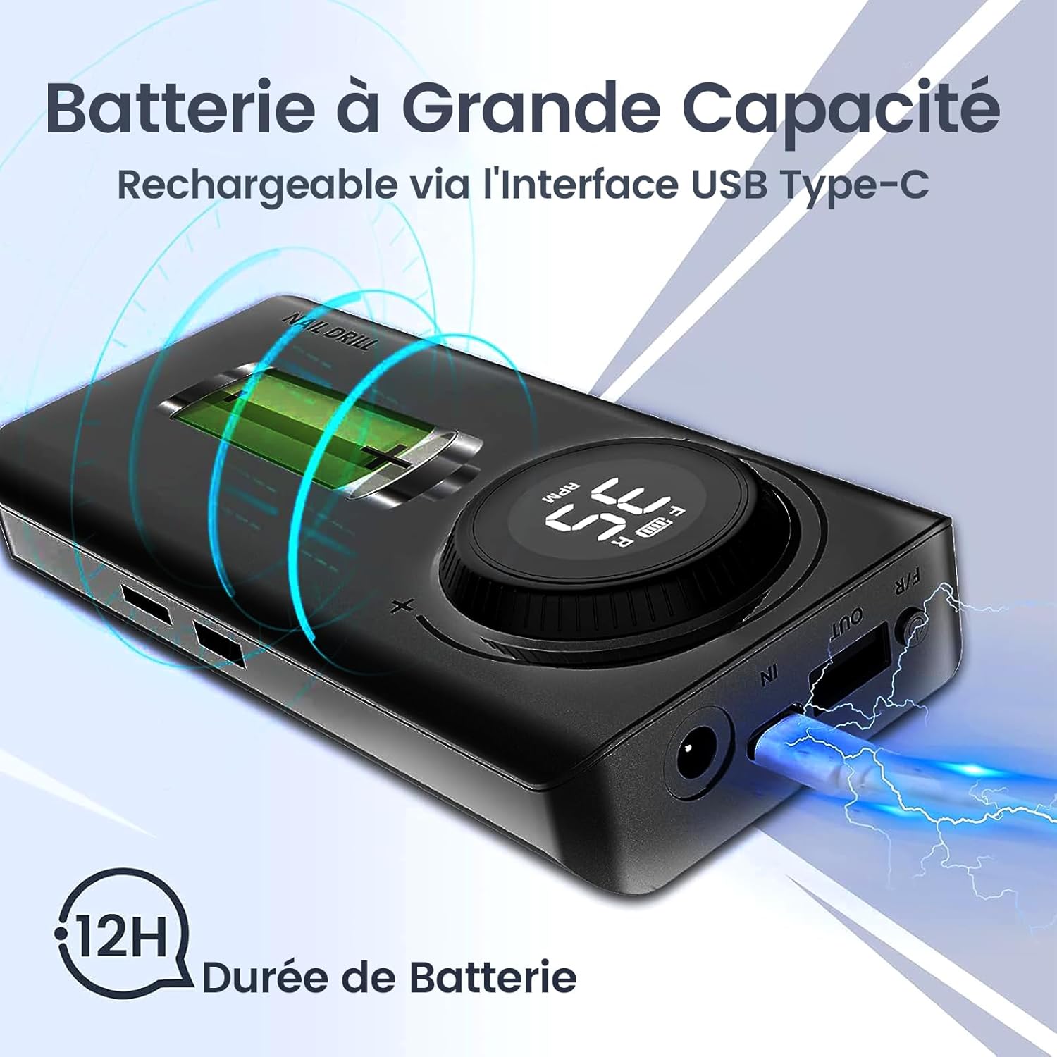 Delanie Ponceuse à ongles électrique rechargeable professionnelle 35 000 tours avec 6 embouts et silencieux puissant avec écran LCD pour manucure et pédicure – Image 6
