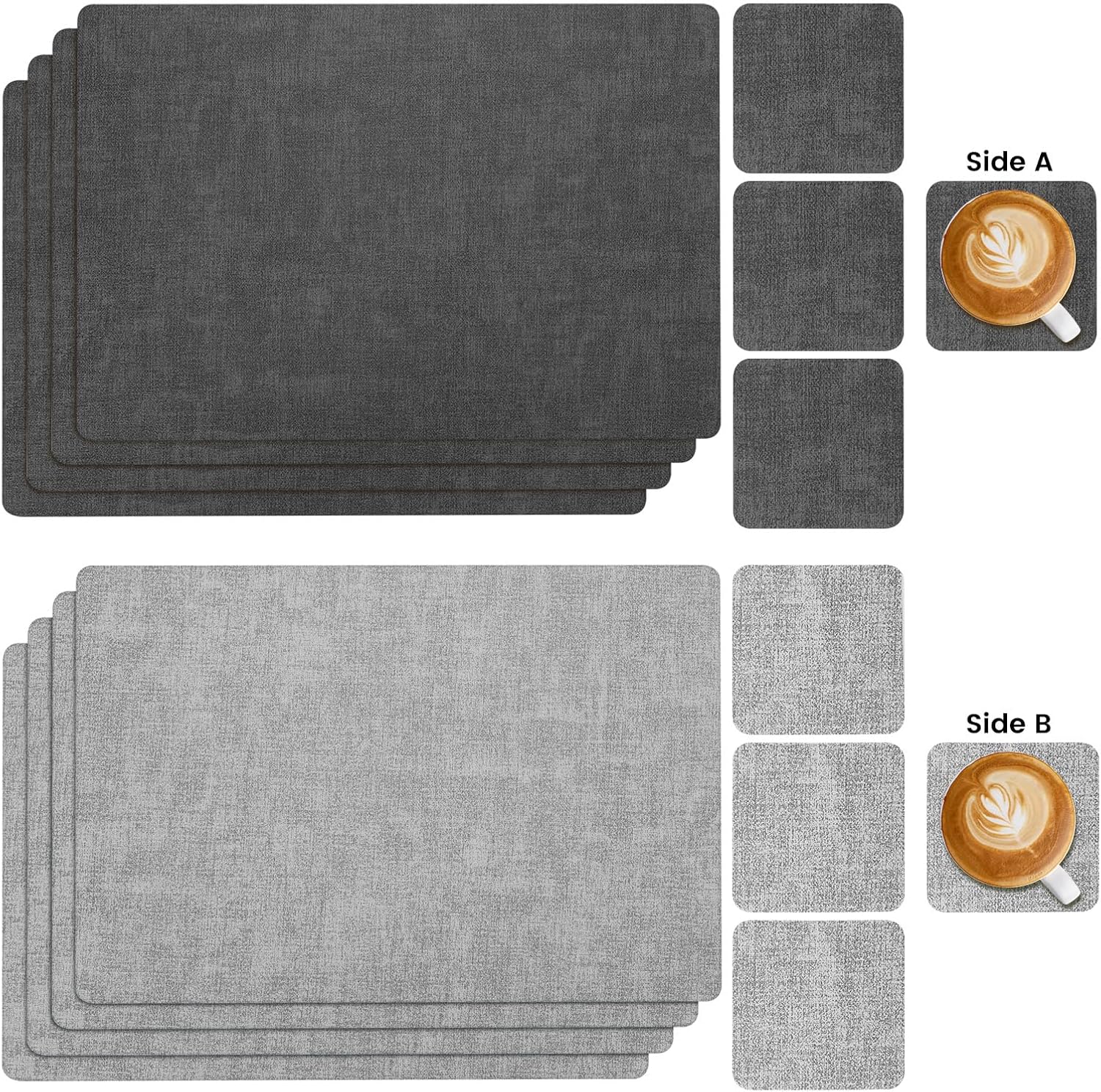 Myir JUN Sets de table et dessous de verre, lot de 6 sets de table lavables double face en simili cuir bicolore, sets de table antidérapants faciles à nettoyer (gris foncé/gris clair, lot de 6) – Image 3