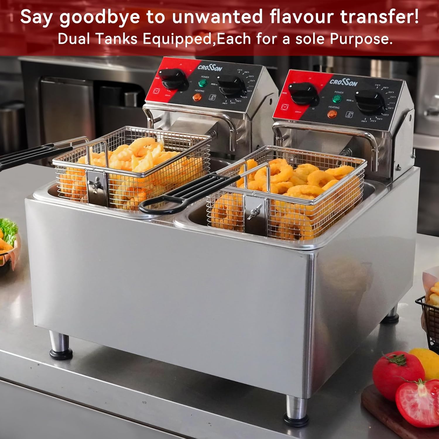 Friteuse électrique CROSSON 8L avec double réservoir et tête de friteuse rotative, minuterie de 30 minutes, thermostat EGO, friteuse de comptoir commerciale – Image 3