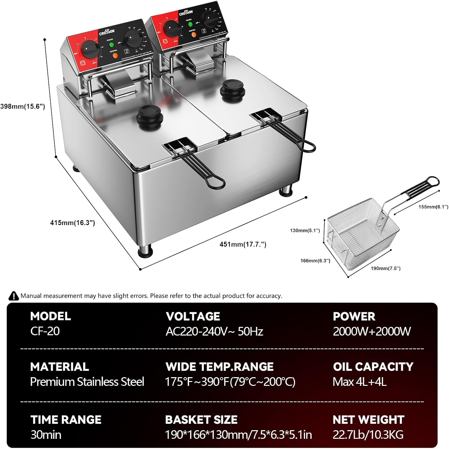 Friteuse électrique CROSSON 8L avec double réservoir et tête de friteuse rotative, minuterie de 30 minutes, thermostat EGO, friteuse de comptoir commerciale – Image 7