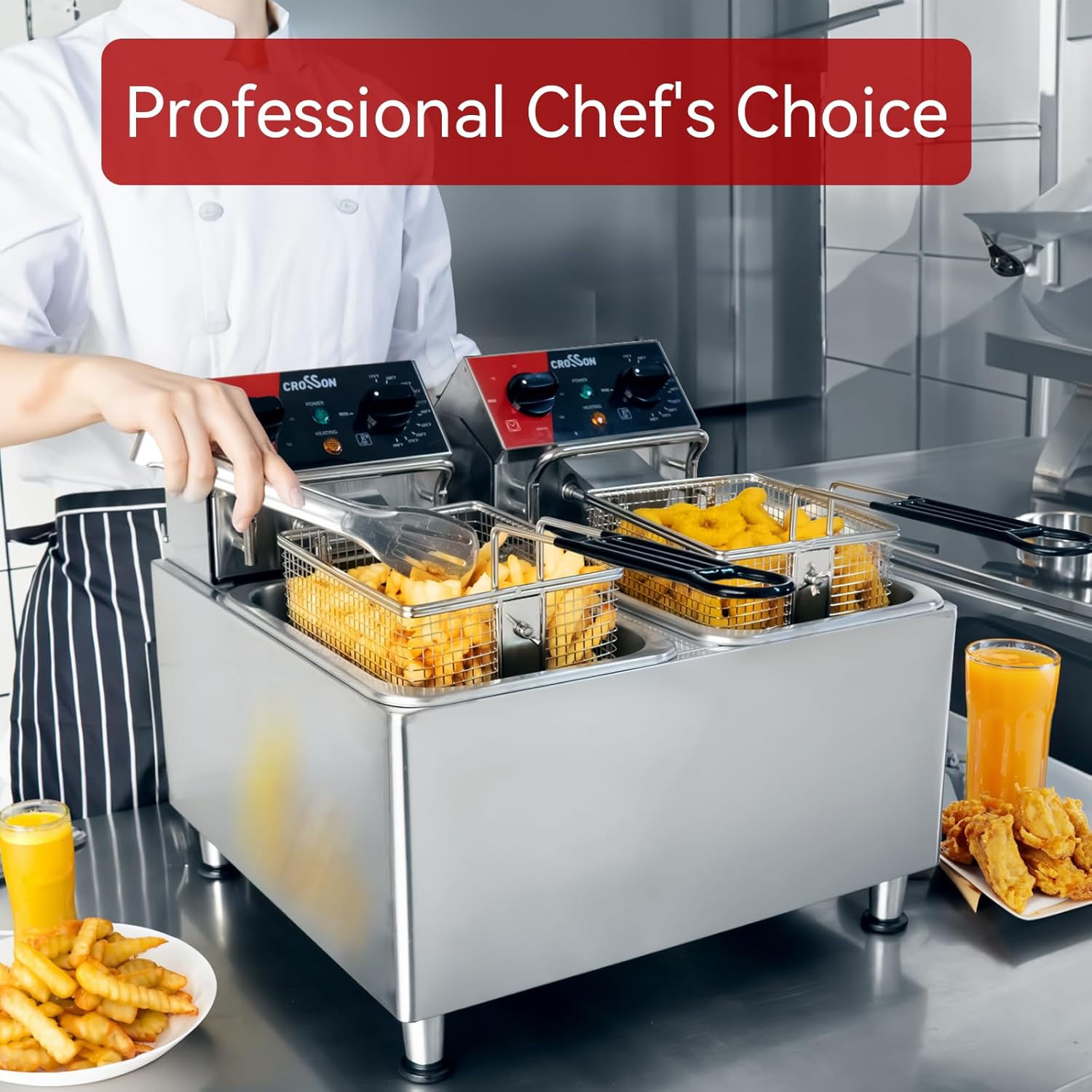 Friteuse électrique CROSSON 8L avec double réservoir et tête de friteuse rotative, minuterie de 30 minutes, thermostat EGO, friteuse de comptoir commerciale – Image 9