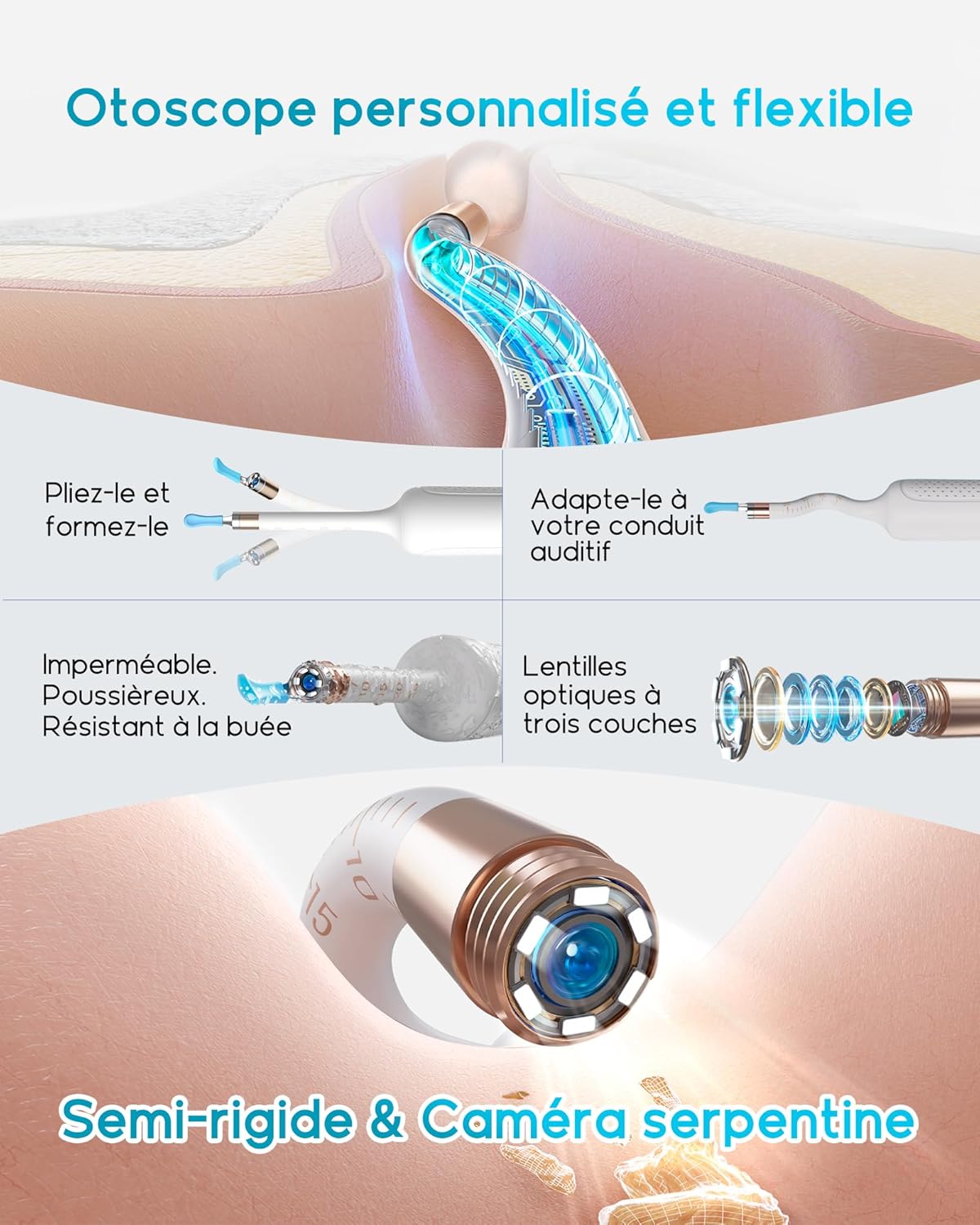 Otoscope numérique HD 1920P pour nettoyage des oreilles avec caméra flexible et pince de nettoyage des oreilles avec caméra pour examen des oreilles, du nez et de la gorge – Image 3