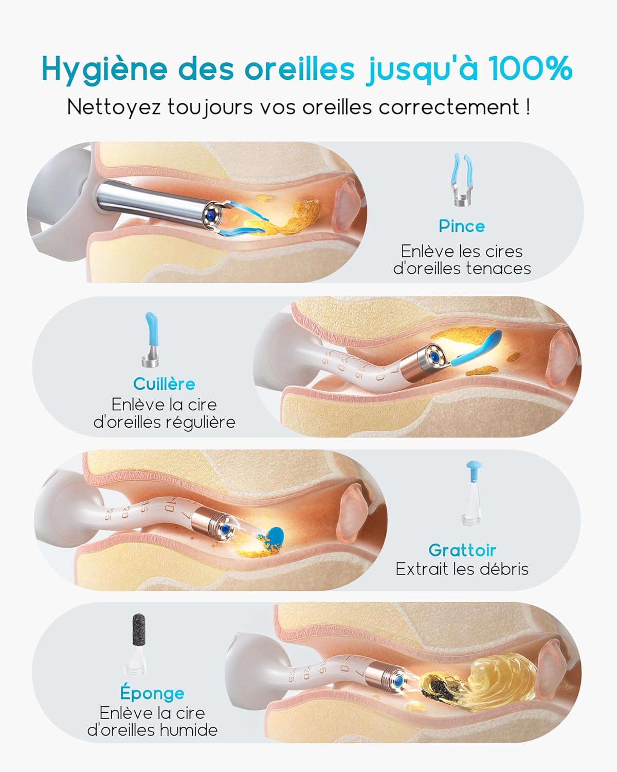 Otoscope numérique HD 1920P pour nettoyage des oreilles avec caméra flexible et pince de nettoyage des oreilles avec caméra pour examen des oreilles, du nez et de la gorge – Image 4