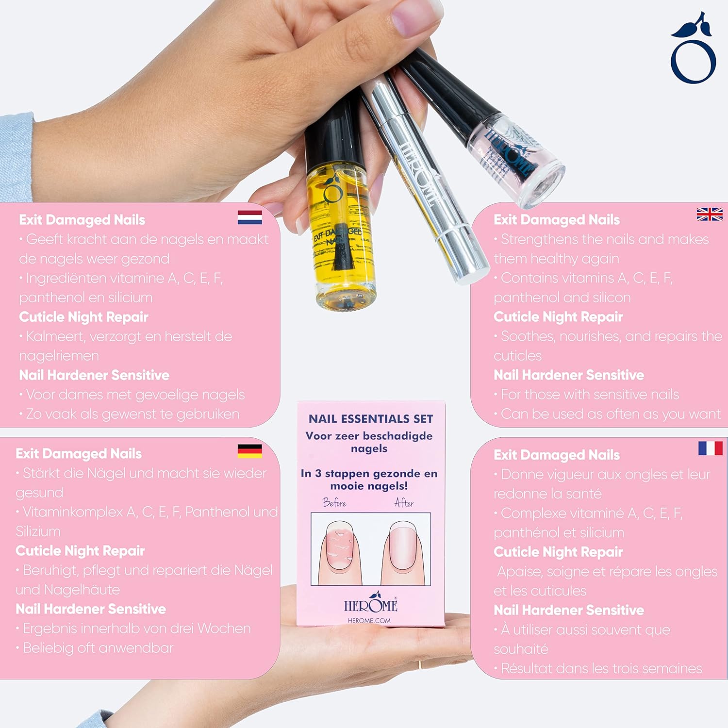 Herome Kit Nail Essentials 3 en 1 (Rose) – Kit de voyage – Soin réparateur pour ongles cassés après faux ongles, huile pour ongles abîmés, sérum pour cuticules et durcisseur – Image 7