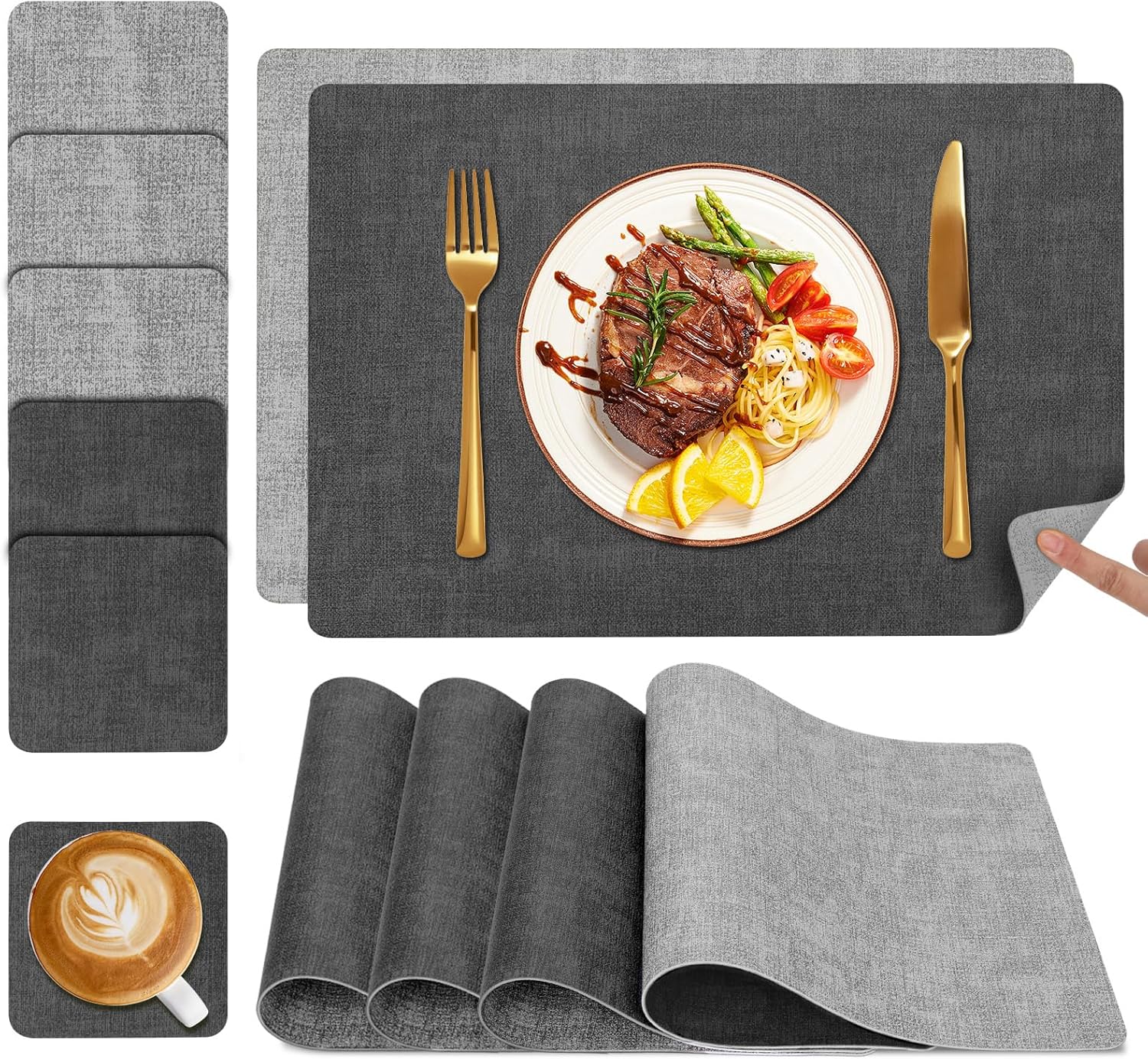 Myir JUN Sets de table et dessous de verre, lot de 6 sets de table lavables double face en simili cuir bicolore, sets de table antidérapants faciles à nettoyer (gris foncé/gris clair, lot de 6) – Image 2